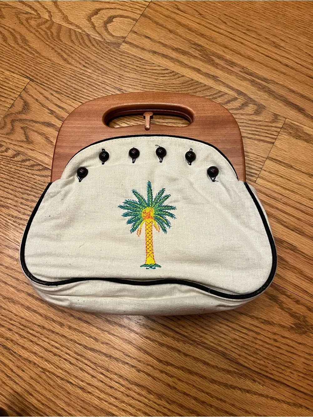 Bermuda Embroidered Palm Tree Canvas Handbag with Wood Handle